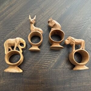 Lot 4 Hand Carved Wood African Safari Jungle Animals Napkin Rings Footed‎